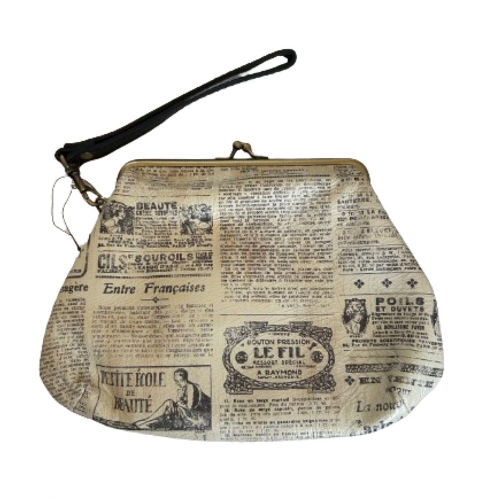 **Patricia Nash Leather Newspaper Print Clutch NWOT - Vintage Parisian Style**
